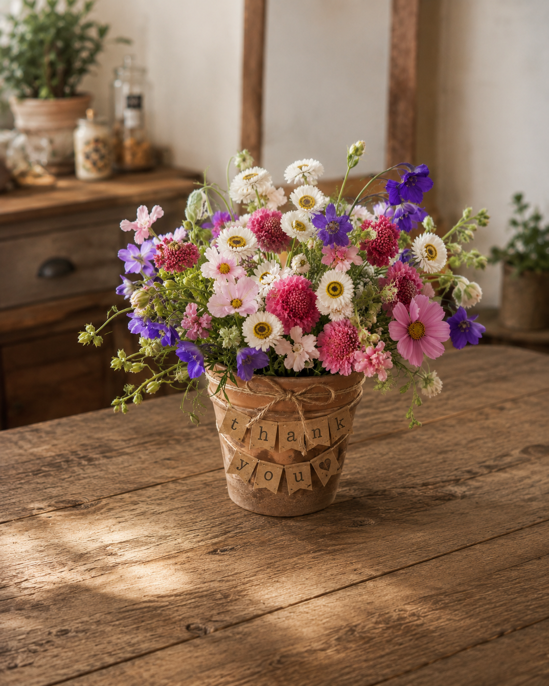 A 'thank you' teacher gift \u2014 cosmos, scabiosa and delphinium in a terracotta pot with a thank you banner